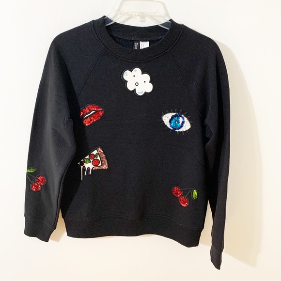H&M Divided Black Long Sleeve Pullover Sequined and Embroidered Sweatshirt ⬛️🟥 - Picture 1 of 15